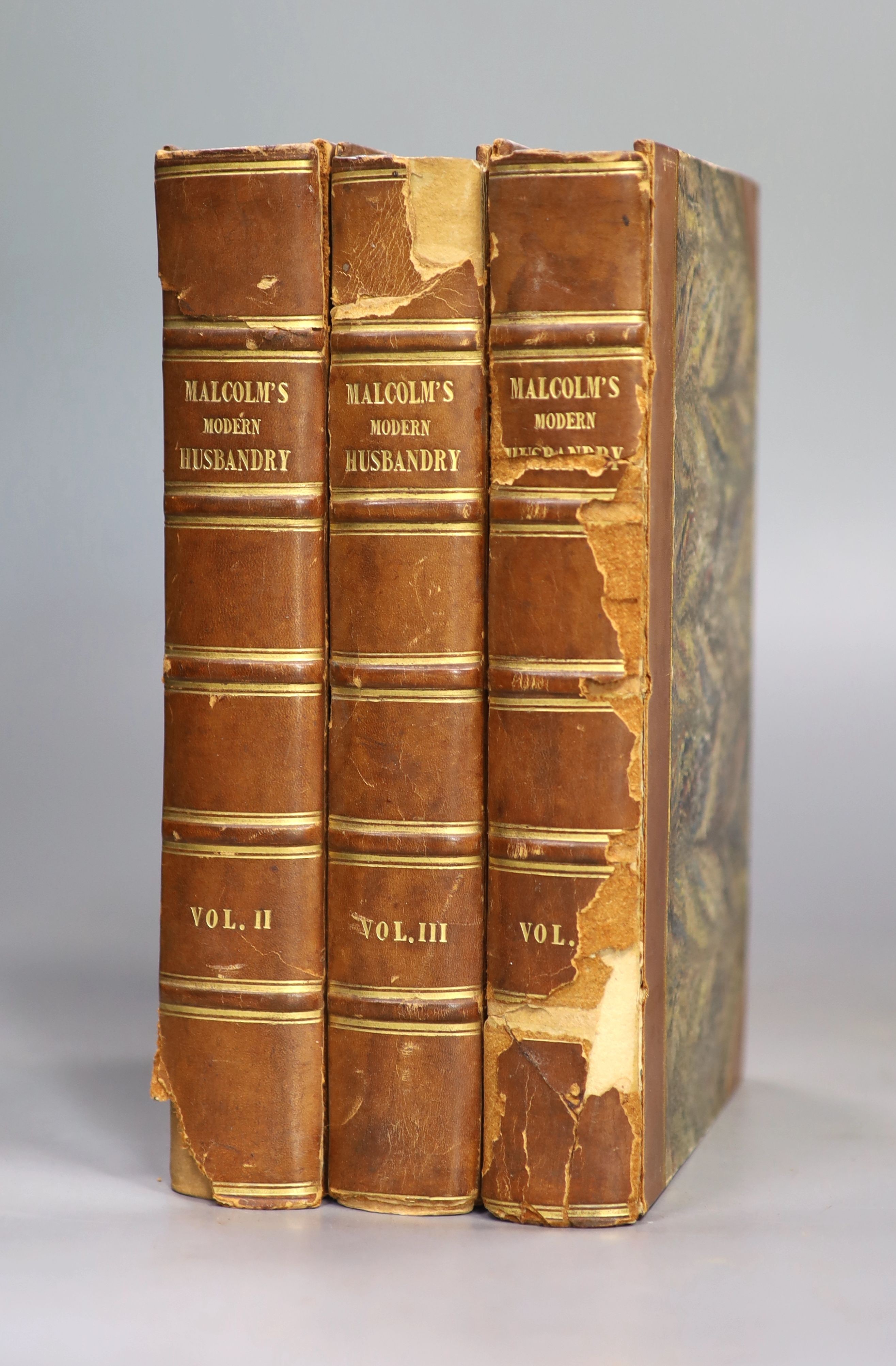 Malcolm, James - A Compendium of Modern Husbandry, Principally written during a Survey of Surrey, 3 vols, 8vo, half calf, spines brittle and with loss, with folding coloured map and 7 plates, London, 1805